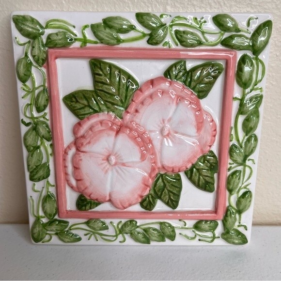 Vintage Treasure Craft Pink Green Floral Trivet Decor Wall Art Ceramic Tile - Picture 13 of 14